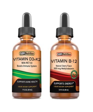 SBR Nutrition D3+K2 and B12 Bundle Vitamin D3K2 (MK7) Liquid Drops Peppermint 1oz | Vitamin B-12 3000mcg Liquid Drops 2oz | for Adults & Kids | Non-GMO Gluten Free