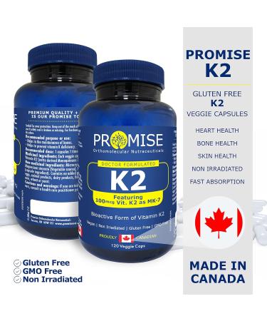 Promise Vitamin K2 MK-7 100mcg 120 Capsules- Bioactive Menaquinone-7 Bone Tissue & Heart Health- non-GMO Natto Vegan and Gluten-Free Made In Canada - Buy Online on GoSupps.com