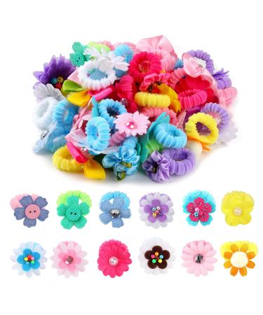 50 Pcs Elastic Hair Ties for Girls Cute Flower Toddler Hair Ties Multicolor Candy Baby Girls Scrunchies Soft Seamless Ponytail Holders Rubber Bands Sold by Zifengcer