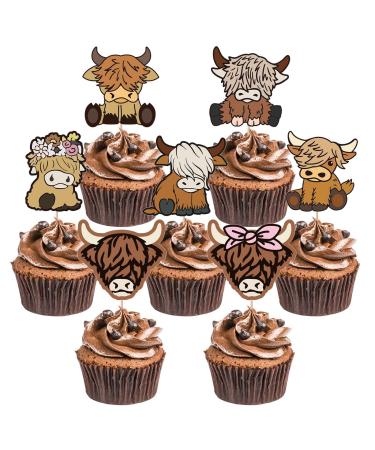 JarThenaAMCS 49Pcs Highland Cow Cupcake Toppers Highland Cattle Cupcake Toppers 7 Designs Assorted Cake Decorations for Birthday Farm Animal Party Baby Shower Decor Supplies