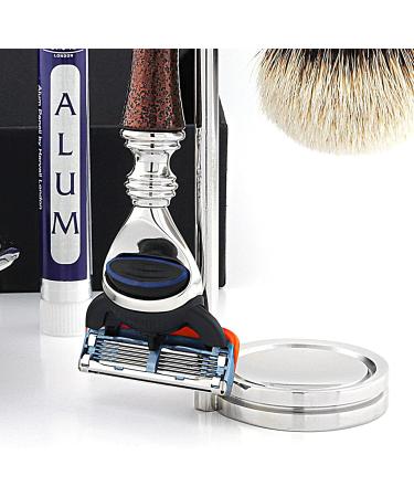 6 Pc Men's Shaving Kit - 5 Edge Razor Silver Tip Badger Brush Stand Soap & Bowl - Perfect Grooming Set for Men | International Shipping Available - Buy Online on GoSupps.com