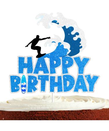 Surfing Cake Topper for Boy Girl Baby Shower Man Woman Birthday Surf Birthday Party Supplies Blue Glitter Surfboard Cake Toppers Beach Sea Waves Cake Decorations