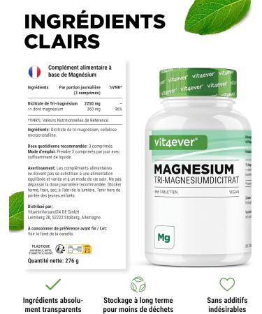 Magnesium Citrate - 365 Tablets - 2250mg Including 360 Mg Elemental Magnesium Per Daily Serving - 100% Tri-Magnesium Dicitrate Without Additives - High Dosed - Vegan - Buy Online on GoSupps.com