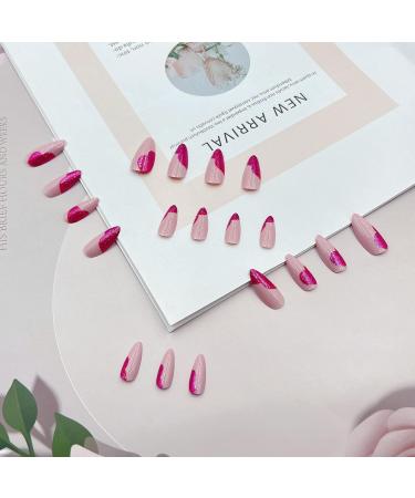 Pink Almond Medium Camelia Acrylic Press-On Nails | Heart Pattern Complete Cover | Cute Fake Nails with Glue for Youth Manicure - Buy Online on GoSupps.com