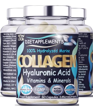 Marine Collagen Type 1&3 1000mg Hyaluronic Acid 200mg/serving Vitamin C Zinc Copper for Immune System E B2 Iodine. Hydrolyzed Peptides Supplement. Skin Hair Nails & Bones Support. 1 Bottle.