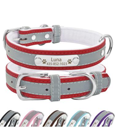 Senristar personalized reflective leather dog collar with warm food individual dog collar with name tape engraved for small medium and large dogs and cats M (width 2.0 cm neck circumference 28-36 cm) red
