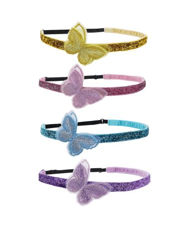 FROG SAC 4 Butterfly Headbands for Girls Adjustable No Slip Glitter Headband Pack for Kids Cute Non Slip Little Girl Head Bands Thin Fashion Hairbands Hair Accessories in Pink Gold Blue Purple