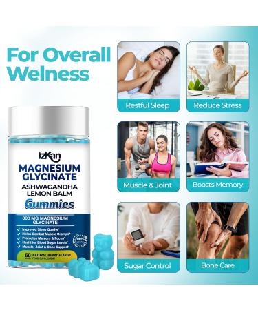  Izkan 800mg Magnesium Glycinate Gummies Sugar-Free Magnesium Supplement with Ashwagandha Lemon Balm Extract and CoQ10 for Sleep Stress Muscle Relief and Nerve Health - Buy Online on GoSupps.com