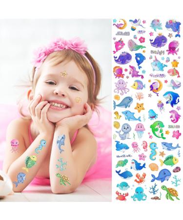 jctato 10 Sheets Glitter Temporary Tattoos for Kids Cartoon Ocean Fake Tattoos Stickers Tattoo for Children Boys Girls Birthday Gifts Party Favors