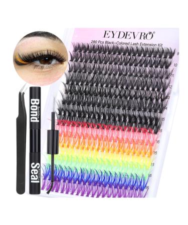 Lash Extension Kit Colored Lash Clusters DIY Eyelash Extension Kit 6 Colors Individual Lashes with Bond and Seal and Lash Tweezers Colorful Lash Extensions 8-16mm D Curl Cluster Lashes by EYDEVRO Rainbow Colors Kit