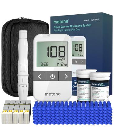 Metene AGM-513S Blood Glucose Monitor Kit, 100 Glucometer Strips, 100 Lancets, Blood Sugar Test Kit with Lancing Device and Carrying Bag, No Coding