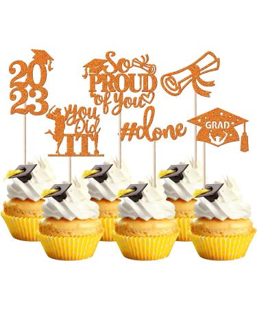 Pack of 24 Graduation Cake Decorations Graduation 2023 Cupcake Toppers Graduation Cake Decorations Cake Topper for Graduation Party Graduation Promms New Orange Style 1-orange
