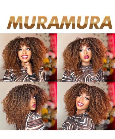 MURAMURA 16 Long Curly Wig with Bangs for Black Women - Afro Bomb Kinky Curly Wig, Fluffy & Soft Synthetic Hair, Black to Brown - Buy Online on GoSupps.com