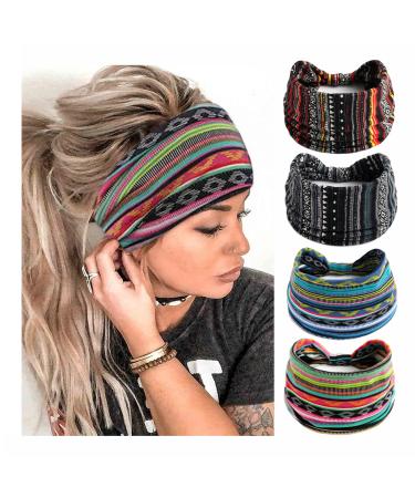 STGDAK Boho Headbands For Women Fashion Stretch Wide Hair Bands Knoted Turban Head Bands Yoga Running Sweatband Elastic Headband Stylish Wrap Headbands Hair Accessories for Teen Girls 4 Pack Style 10