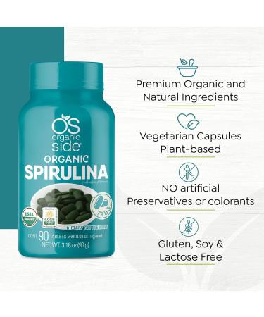 OS Organic Side | Spirulina Tablets | Pure Organic Spirulina for Energy Immunity and Wellness | 90 Vegan Tablets | Non-GMO Rich in Protein Antioxidants and Nutrients for Overall Health - Buy Online on GoSupps.com
