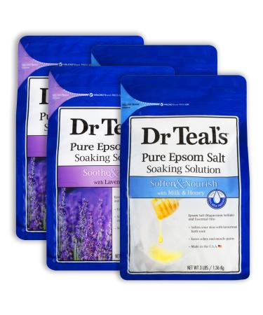 Dr Teal's Epsom Salt Bath Combo 4-Pack (12 lbs Total) Soothe & Sleep with Lavender and Soften & Nourish with Milk & Honey