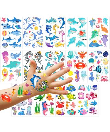 PHOGARY Kids Temporary Tattoos(20 sheets)  Sea World Theme Tattoos - Fish  Shark  Turtle  Seahorse  Sea Star  Octopus  Crab - Marine life Patterns Fake Waterproof Tattoos for Boys Girls