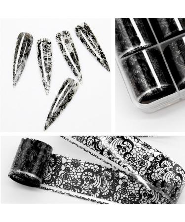 10 Rolls Retro Holographic Nail Foil Transfer Stickers - Black Lace Laser Foils for Nail Art | Starry Paper Designs & Floral Wraps - Buy Online on GoSupps.com