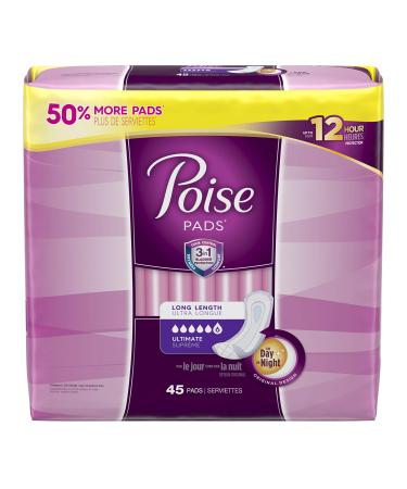 Poise Incontinence Pads, Long, 45 Count (Pack of 2)