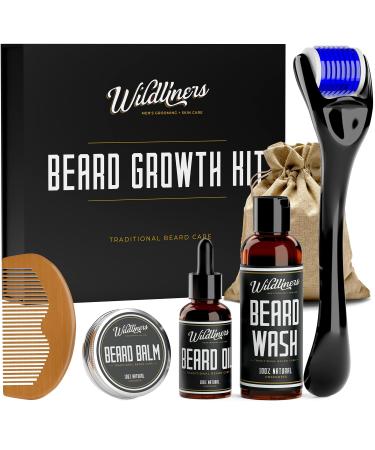 Beard Growth Kit - Complete Beard Grooming Kit for Men with Titanium Microneedle Beard Roller Natural Beard Oil Wash Balm for Hair Growth & A Wooden Comb Growth Guide Travel Pouch Gifts for Men