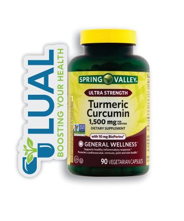 Spring Valley Ultra Strength Turmeric Curcumin Dietary Supplement + Luall Sticker (Turmeric Curcumin 1 500 mg 90 Capsules)