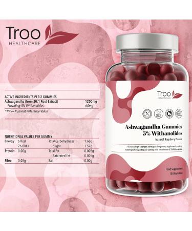 1200mg Ashwagandha Gummies - 150 Natural Raspberry Flavour Chewables - Vegan & Gluten-Free Supplement with 5% Withanolides - 2 Months Supply - Buy Online on GoSupps.com