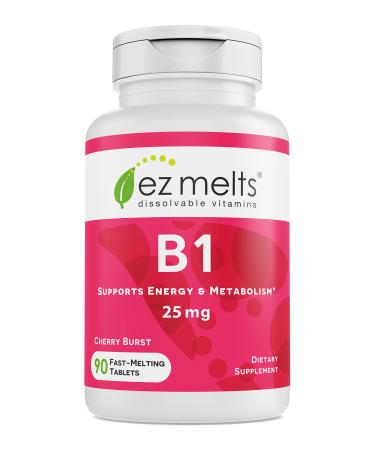 EZ Melts B1 as Thiamine, 25 mg, Immune Support, Sublingual Vitamins, Vegan, Zero Sugar, Natural Cherry Flavor, 90 Fast Dissolve Tablets