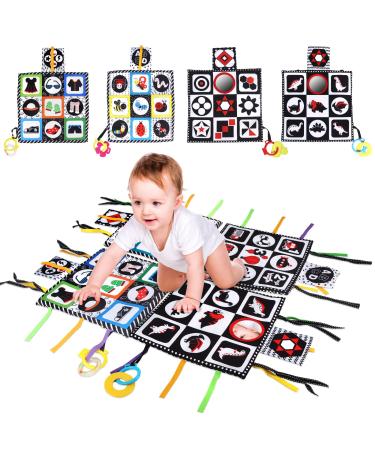 Joyfia baby floor mirror high contrast activity play mat for newborns black and white cloth book with bite ring pedagogical gift for toddler young girls 0+ months (4pack) 01 fabric book