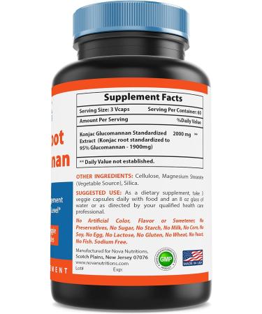 Nova Nutritions Konjac Root Glucomannan Capsules 2000mg - 180 Veggie Caps, Promotes Digestive Health & Weight Management - Buy Online on GoSupps.com