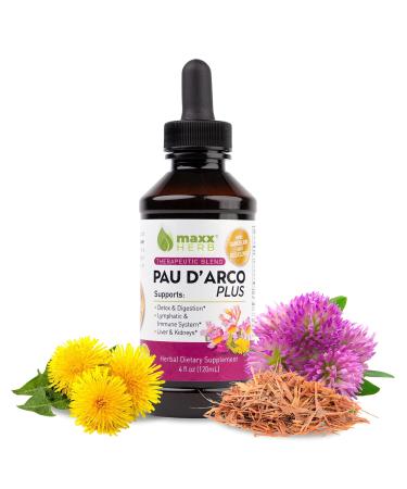 Maxx Herb Pau D Arco Extract with Dandelion Root & Red Clover Therapeutic Blend  Pau Darco Tincture Absorbs Better Than Tea or Capsules  for Immune Support - 4 Oz Bottle (60 Servings) 4 Fl Oz (Pack of 1)