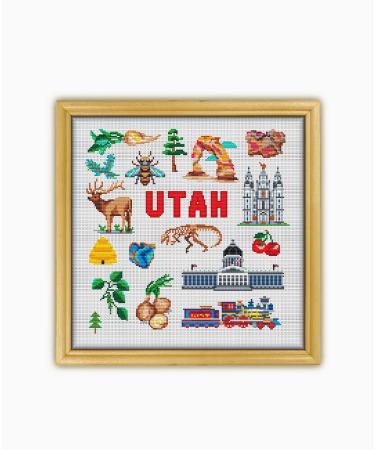 Utah Collection CS1852 - Counted Cross Stitch KIT#2. Set of Threads Needles AIDA Fabric Needle Threader Embroidery Clippers and Printed Color Pattern Inside. Cross Stitch KIT #2