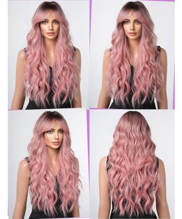 Wokestar Long Pink Synthetic Hair Wig with Curtain Fringe for Women - Buy Online on GoSupps.com