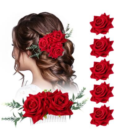 Geyoga 6 Pcs Rose Flower Hair Clip with Rose Flower Hair Comb Women Rose Flower Hair Accessories Bridal Rose Headpiece Flower Hairpin Rose Brooch for Women Girls Wedding Dancing Party (Red)