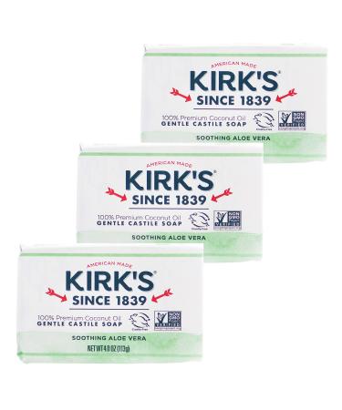 Kirk's Castile Bar Soap Clean Soap for Men Women & Children | Premium Coconut Oil | Sensitive Skin Formula Vegan | Soothing Aloe Vera | 4 oz. Bars - 3 Pack