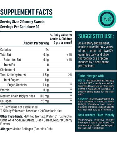 Wild Fuel Keto Candy Collagen Gummies with MCT Oil - 60 Cherry Flavor Energy Chews for Physical & Mental Focus - Low Carb & Healthy Running Snack - Buy Online on GoSupps.com