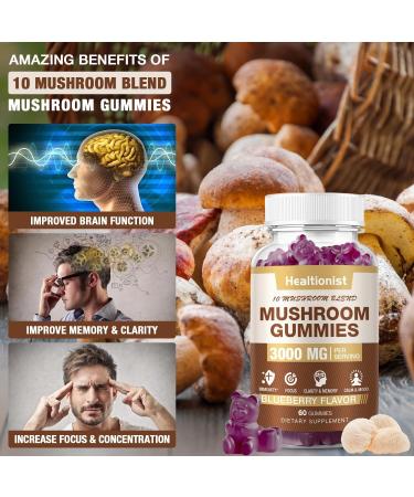 3000MG Mushroom Complex Gummies 10 Blend - Lion's Mane Gummies for Adults Cordyceps Shiitake Reishi Chaga - Brain Immune Support & Stress Relief Energy Mushroom Supplement for Men & Women 60ct 60 Count (Pack of 1) - Buy Online on GoSupps.com