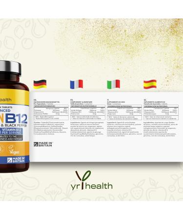 Vegan Vitamin B12 Tablets 1500mcg Methylcobalamin High Strength with Added Folic Acid & Black Pepper - 180 Tablets (6 Month Supply) - Reduction of Tiredness & Fatigue - Made in The UK by YrHealth - Buy Online on GoSupps.com