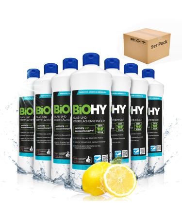 Biohy glass and surface cleaner (9 x 1 liter) |Glass cleaner concentrate for streak -free shine |Productive glass & plastic cleaner |Fat solder & lime cleaner |Ideal for windows & kitchen 1 l (9 Pack)