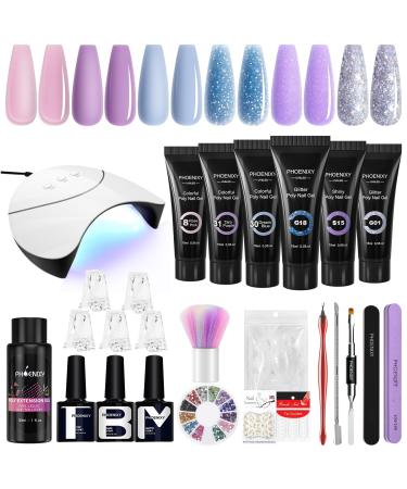 Poly nail gel starter set with 36W UV/LED nail lamp Phoenixy poly nails gel blu purple 6 colors starter set complete with a lower coat and top coat gift gift 02