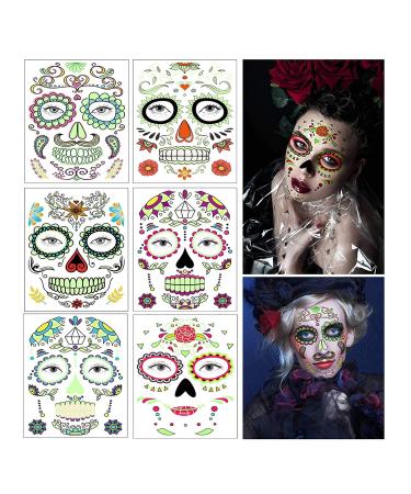 Day of the Dead Glow in The Dark Face Tattoos - 6 Sheets Halloween Makeup Stickers for Men and Women - Buy Online on GoSupps.com