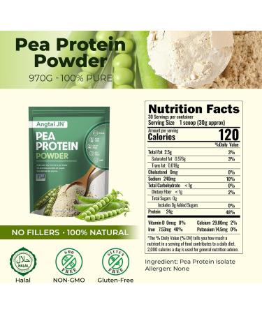 Angtai JN Pea Protein Powder 24g of Plant-Based Protein Unflavored Vegan Gluten-Free Non-GMO No Added Sugar Easily Digested Isolate Form 2 lb (30 Servings) Ideal for Vegetarians Fitness - Buy Online on GoSupps.com
