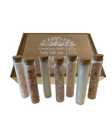 Luxurious Bath Salts Gift Set That includes 7 Glass Vials Each with Its Own Fragrance and Combination of Salts. includes Dead Sea Himalayan and Epsom Salts