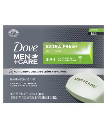 Dove Men+Care 3 in 1 Bar Cleanser for Body Face and Shaving to Clean and Hydrate Skin Extra Fresh Body and Facial Cleanser More Moisturizing Than Bar Soap 3.75 oz 8 Bars
