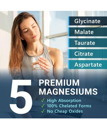 Magnesium 5 Complex - Chelated Magnesium Glycinate Malate Citrate Taurate & Aspartate for Nerves Muscles Bones - 1 Pack 120 Count (Pack of 1) - Buy Online on GoSupps.com