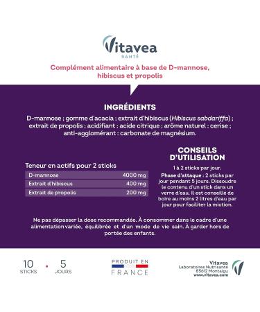 Vitavea Manha - Cys Mannose - Urinary Comfort Supplement - Elimination - Hibiscus D-Mannose Propolis - Exclusive Formula - 10 Sticks - 5 Days - Made in France - Buy Online on GoSupps.com
