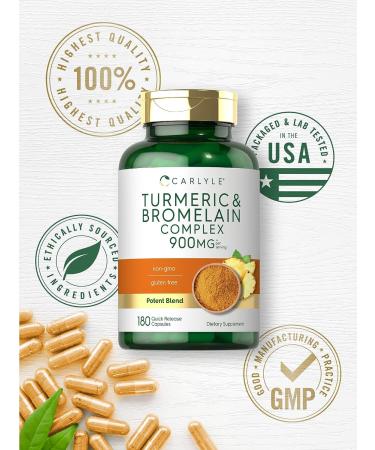 Carlyle Turmeric and Bromelain Supplement 900mg - 180 Capsules | Curcumin Complex, Non-GMO, Gluten Free - Buy Online on GoSupps.com
