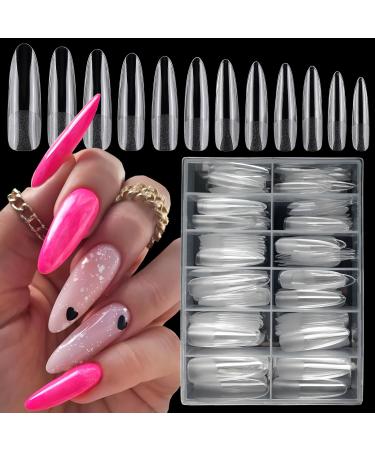 LoveOurHome 240pc XXL Almond Gel x Nail Tips Extra Long Clear Stiletto Oval Fake Nails 12 Sizes Full Cover Artificial False Nails Tips for Acrylic Nail Gel x Tips Extension Press on Nails Making