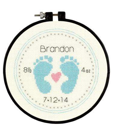 Dimensions Counted Cross Stitch Kit for Beginners, 'Baby Footprints' Birth Record Personalized Baby Gift, 14 Count Ivory Aida with 6'' Embroidery Hoop