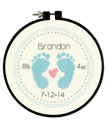 Dimensions Counted Cross Stitch Kit for Beginners, 'Baby Footprints' Birth Record Personalized Baby Gift, 14 Count Ivory Aida with 6'' Embroidery Hoop