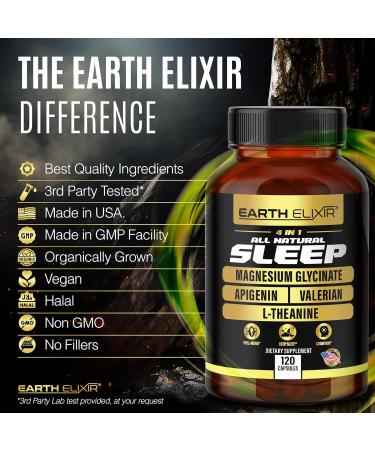 Earth Elixir 4-in-1 Sleep Aid (120 Caps) w/Apigenin 50mg Magnesium Glycinate 200mg L Theanine 200mg & Valerian Root for Sleep Aid 300mg | Apigenin Supplement for Sleep | Sleeping Pills - Buy Online on GoSupps.com